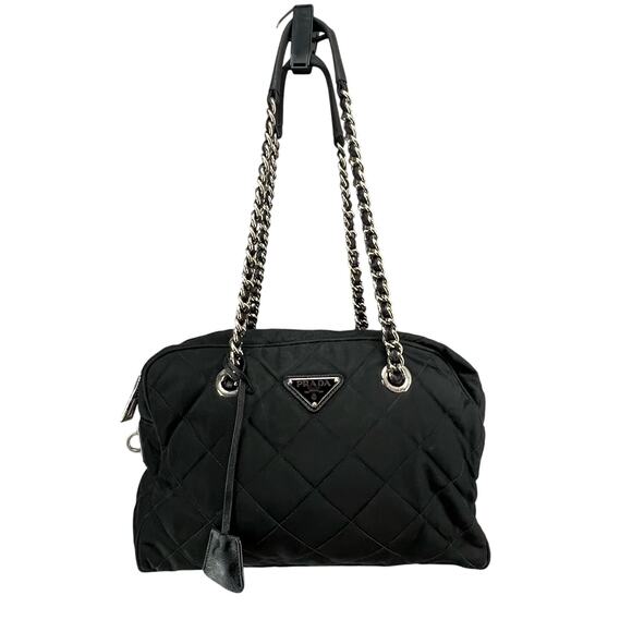 Prada Tessuto Impuntu Shoulder Bag Black Quilted Nylon Chain Leather Strap - Picture 1 of 16